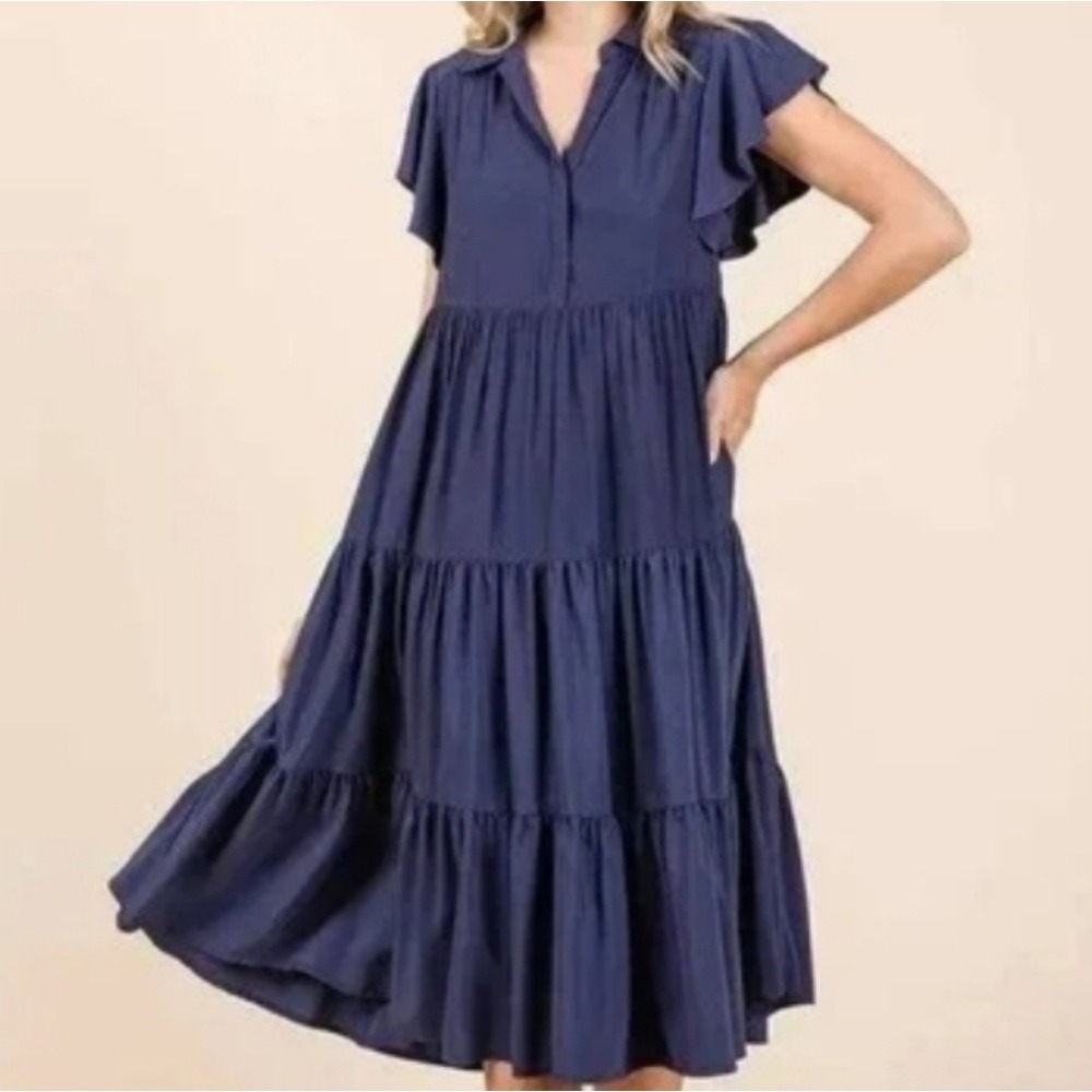 NEW Tiered‎ Flowy Flutter Sleeve Collared Ruffle Collared Large Muted Dusty Navy